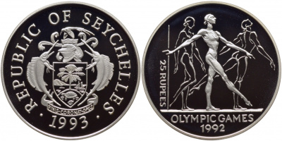 Сейшельские острова 25 рупий 1993 XXV летние олимпийские игры 1992 года в Барселоне, гиманстика, тираж 40000 экз. KM 70 серебро PROOF 01-084-22