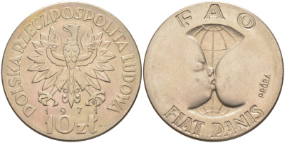 ПОЛЬША 10 ЗЛОТЫХ 1971 FAO, ПРОБА, PROBE KM Pr 185 медно-никель UNC 4111-912