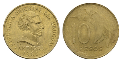 Уругвай 10 песо 1968 год-тип KM 51 никель латунь aUNC 4663-715