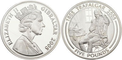 Гибралтар 5 фунтов 2005 Трафальгарское сражение, раздумья генерала серебро PROOF 00-00