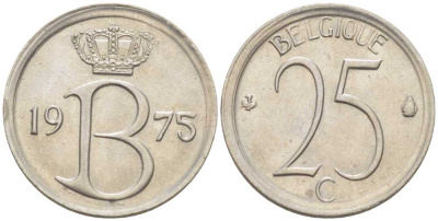БЕЛЬГИЯ 25 САНТИМОВ 1975 BELGIQUE, БОДУЭН I (1951-1993) KM 153.1 медно-никель 214-442
