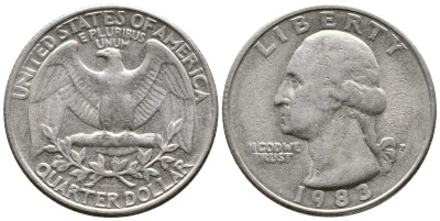 США 25 ЦЕНТОВ = КВОТЕР 1983 P, ВАШИНГТОН KM А164а медь плакированная медно-никелем 23-113