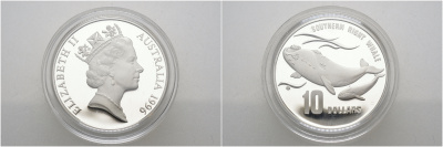 Австралия 10 долларов 1996 природа Австралии, южный гладкий кит, с китенком KM 314 серебро PROOF 02-070-36