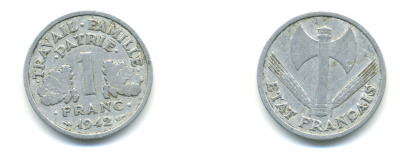 ФРАНЦИЯ 1 ФРАНК 1942 LB, ТИП LOURDЕ, ПРАВИТЕЛЬСТВО ВИШИ KM 902.1, LE FRANC 222.2 алюминий 76-746