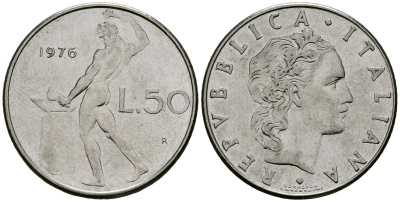 Италия 50 лир 1976 R, бог огня Вулкан у наковальни KM 95.1 нержавеющая сталь 4138-615
