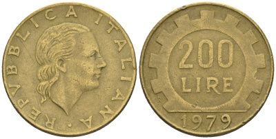 Италия 200 лир 1979 R, шестерня KM 105 алюминиевая бронза 85-446