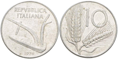 ИТАЛИЯ 10 ЛИР 1976 R, КОЛОСЬЯ, ПЛУГ KM 93 алюминий 4513-826