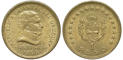 Уругвай 1 песо 1965 KM 46 алюминиевая бронза 33-1013