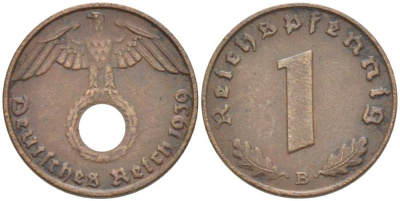 ГЕРМАНИЯ 1 РЕЙХСПФЕННИГ 1939 В KM 89, J. 361 бронза 116-1236