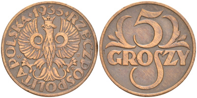 ПОЛЬША 5 ГРОШЕЙ 1935 w KM 10а бронза 4516-1128