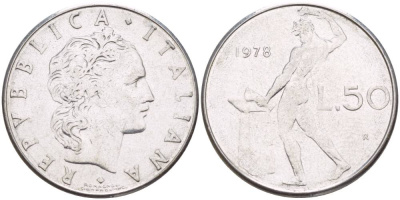 Италия 50 лир 1978 R, бог огня Вулкан у наковальни KM 95.1 нержавеющая сталь 4525-937