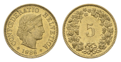 Швейцария 5 раппенов 1986 KM 26c алюминиевая бронза 188-1027