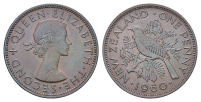 Новая Зеландия 1 пенни 1960 птица туи, Елизавета II (1952-2022) KM 24.2 бронза UNC 4672-312