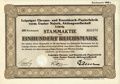 Германия 100 рейхсмарок 1934 АО Лейпцигская фабрика по производству бумаги для хромо- и художественной печати, акция   бумага 8801-57-1