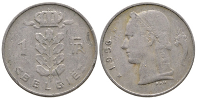 БЕЛЬГИЯ 1 ФРАНК 1956 BELGIE KM 143.1 медно-никель 4382-1253