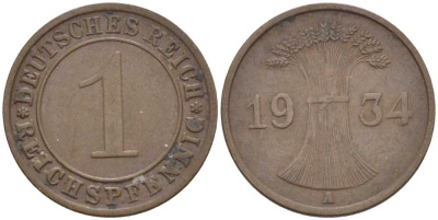 ГЕРМАНИЯ 1 РЕЙХСПФЕННИГ 1934 A KM 37, J. 313, Weege 2 бронза 211-125