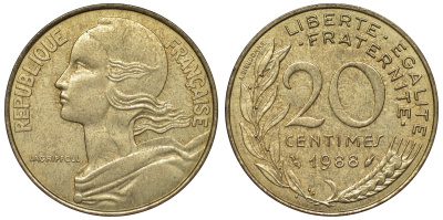 Франция 20 сантимов 1988 тип Marianne KM 930, Le Franc 156.28 медь алюминий никель 4128-234