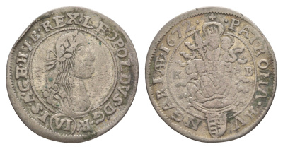 Венгрия 6 крейцеров 1672 KB, Леопольд I (1657-1705) KM 164, EH 1072 серебро 650-513