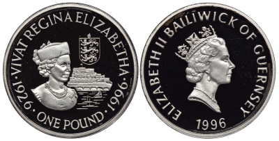 Гернси 1 фунт 1996 70 лет со дня рождения Елизаветы II KM 78 серебро PROOF 272-1111