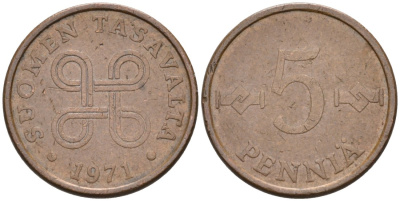 ФИНЛЯНДИЯ 5 ПЕННИ 1971 KM 45 медь 4528-119