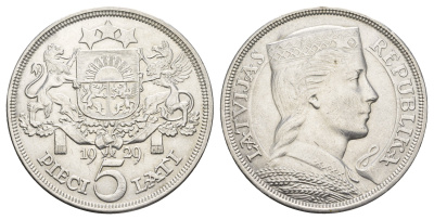 Латвия 5 латов 1929 девушка KM 9 серебро 443-1012