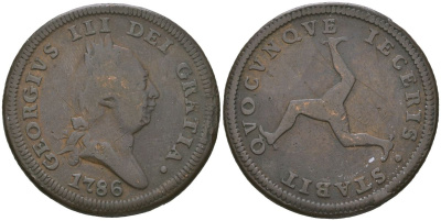 Остров Мэн 1 пенни 1786 Георг III KM 9 медь 441-1123