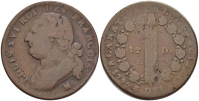 Франция 12 денье 1792 МА, Людовик XVI (1774-1793) KM 600.11 (С88.10) бронза 3460-243