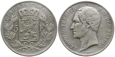 Бельгия 5 франков 1851 Леопольд I (1831-1865) KM 17 серебро 633-112
