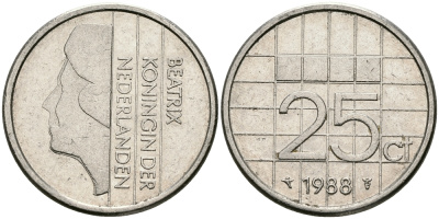 НИДЕРЛАНДЫ 25 ЦЕНТОВ 1988 БЕАТРИКС KM 204 никель 96-318