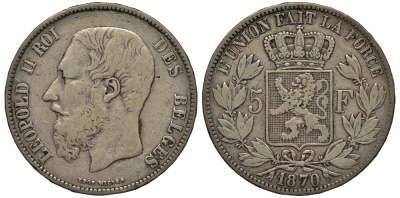 Бельгия 5 франков 1870 Леопольд II (1865-1909) KM 24 серебро    1530-942
