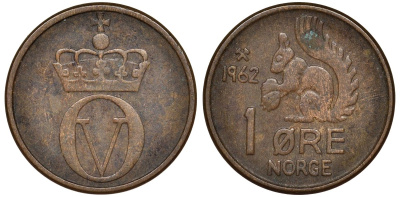 Норвегия 1 эре 1962 белка KM 403 бронза 4174-164