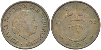 НИДЕРЛАНДЫ 5 ЦЕНТОВ 1963 ЮЛИАНА (1948-1980) KM 181 бронза 213-1043