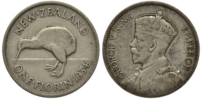Новая Зеландия 1 флорин 1934 Георг V (1910-1936), птичка киви KM 4 серебро 272-1234