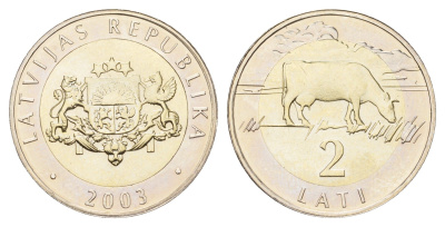 Латвия 2 лата 2003 корова KM 38 биметалл BU 4678-331