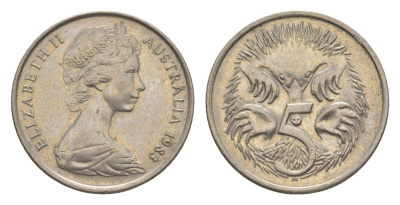 Австралия 5 центов 1983 Елизавета II (1952-2022) молодой портрет, ехидна KM 64 медно-никель 4152-735