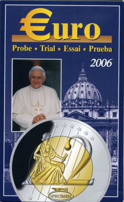 Ватикан набор из 8 монет 2006 probe, essai, европробники большого формата, в капсулах , Бенедикт XVI, тираж 30000 экз., биметалл PROOF 4-3-1-07