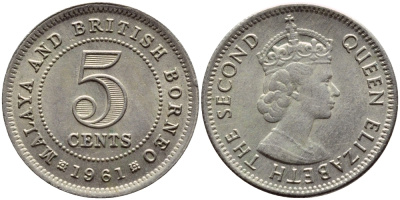 Малайя и Британское Борнео 5 центов 1961 Елизавета II (1952-2022) KM 1 медно-никель 4392-1137