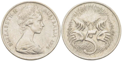 Австралия 5 центов 1976 королева Елизавета II (1952-2022), ехидна KM 64 медно-никель 4516-657