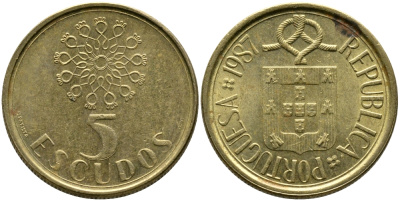 ПОРТУГАЛИЯ 5 ЭСКУДО 1987 KM 632 никель латунь 99-1167