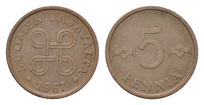 Финляндия 5 пенни 1967 KM 45 медь 188-825