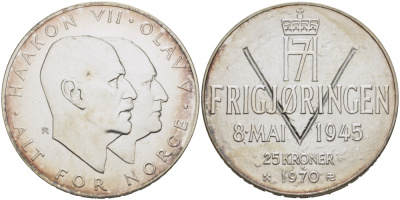 Норвегия 25 крон 1970 25 лет освобождения от фашизма KM 414 серебро UNC 1081-8-24