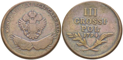 ПОЛЬША, ГАЛИЦИЯ И ЛОДОМЕРИЯ 3 ГРОССИ 1794 ГАЛИЦИЯ И ЛОДОМЕРИЯ , АВСТРИЙСКАЯ KM 5 медь 5010-1032