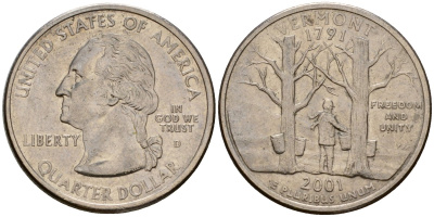 США 25 центов = квотер 2001 D, серия штаты США, Вермонт KM 321 медь плакированная медно-никелем 4603-1144