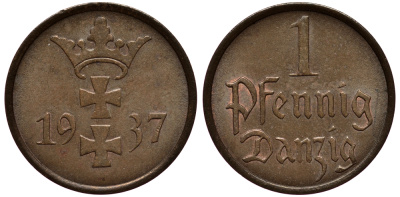 Данциг 1 пфенниг 1937 J. D 2, KM 140 бронза 4127-612