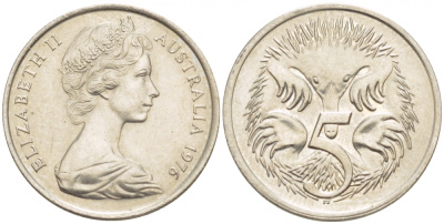 Австралия 5 центов 1976 королева Елизавета II (1952-2022), ехидна KM 64 медно-никель UNC 4532-559