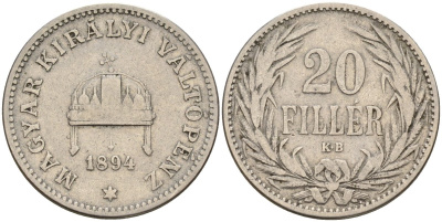 Венгрия 20 филлеров 1894 KB, Франц Иосиф I (1848-1916) KM 483 никель 4151-949