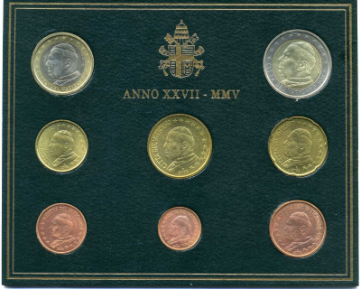 Ватикан евронабор из 8 монет 2005 Папа Иоанн Павел II, в оригинальном буклете KM MS 111 биметалл UNC 7-1-1-11