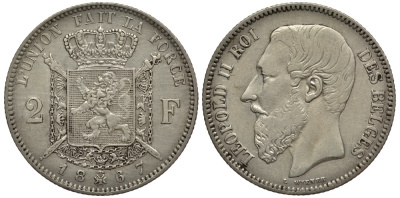 БЕЛЬГИЯ 2 ФРАНКА 1867 ЛЕОПОЛЬД II (1865-1909), BELGES KM 30.1 серебро 3896-934