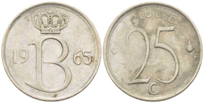 Бельгия 25 сантимов 1965 Belgique, Бодуэн I (1951-1993) KM 153.1 медно-никель 201-1262