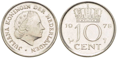 Нидерланды 10 центов 1978 Юлиана (1948-1980) КМ 182 никель 211-1242